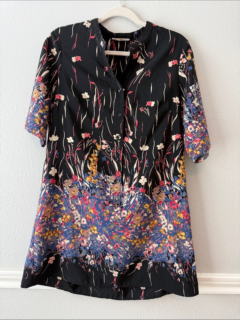Sugarlips Black Floral Border Button-Front Mini Shirt Dress